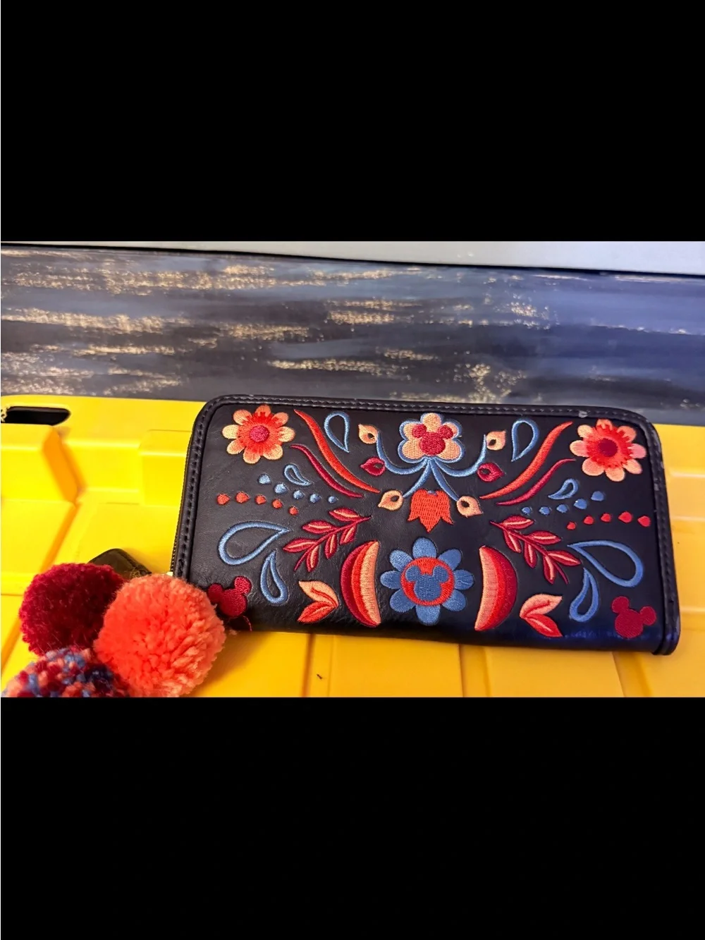 Disney Black Floral Embroidered Zip Wallet with Red and Blue Pom-Pom